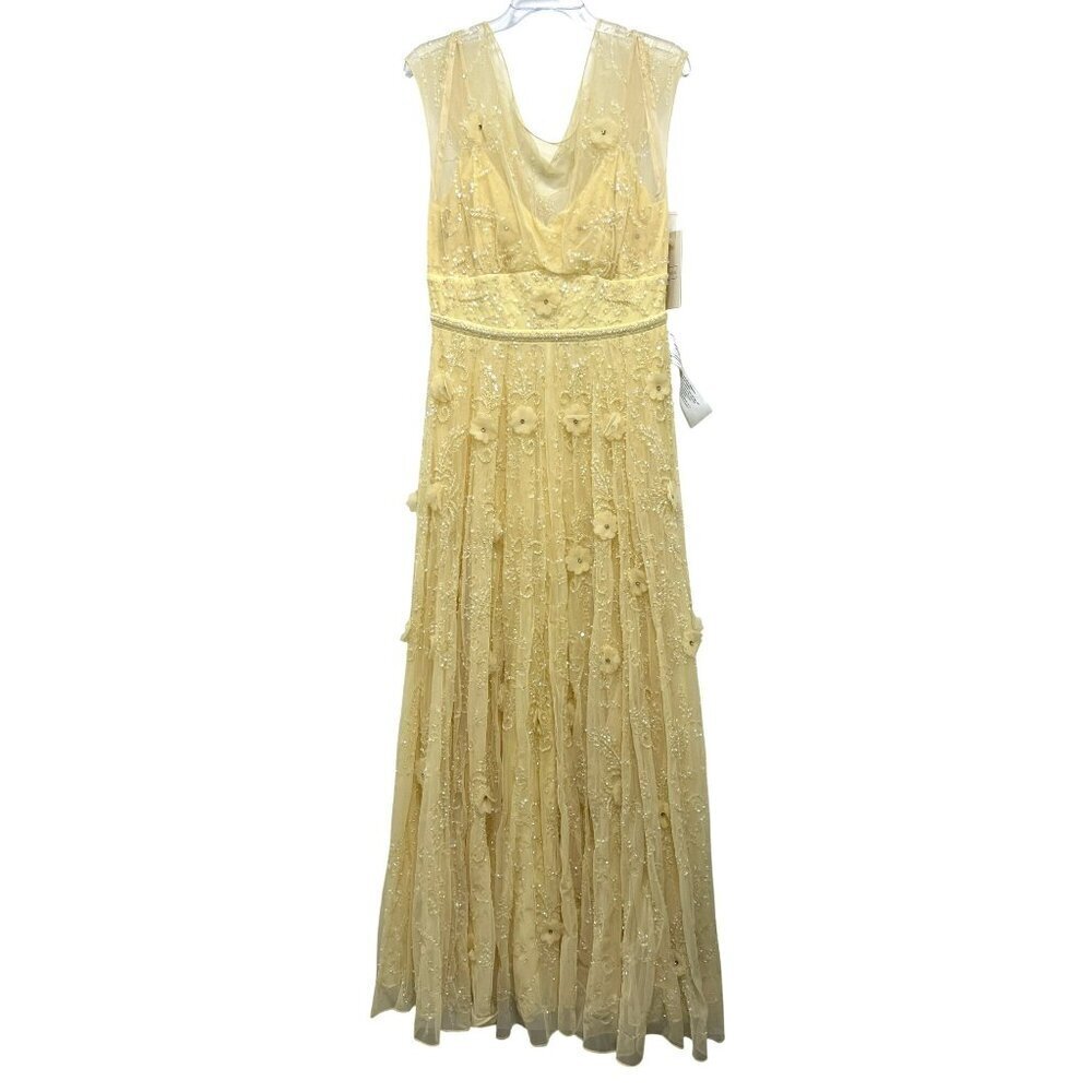 Mac Duggal 3D Floral Beaded Illusion Neck Formal Gown Maxi Dress Yellow 10 NWT - Picture 5 of 10
